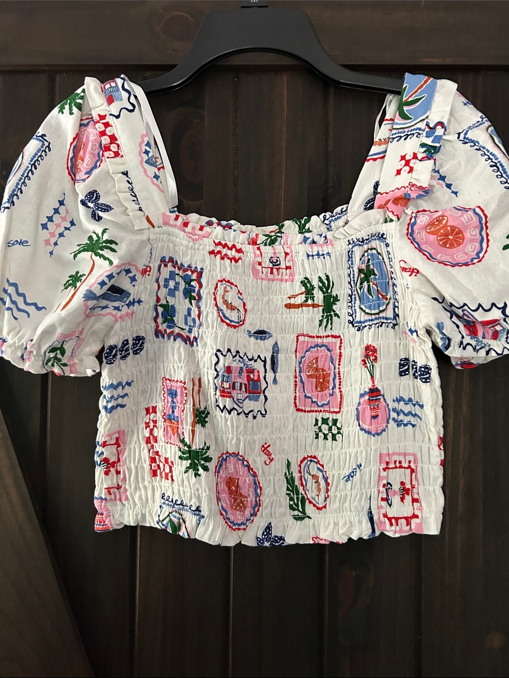 White Smocked Puff-Sleeve Crop Top with Multicolor Motif